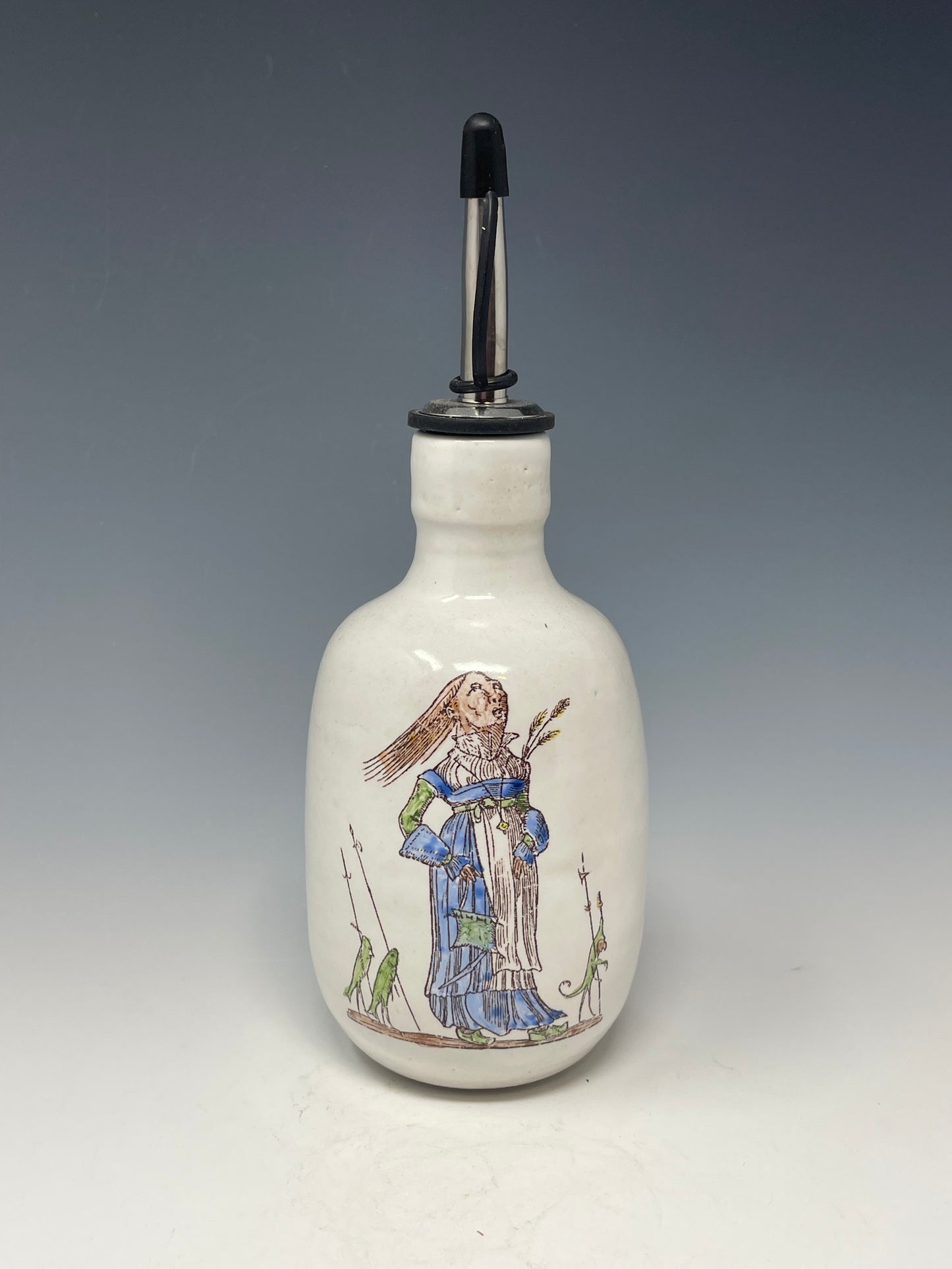 Escorted lady in blue & green oil bottle
