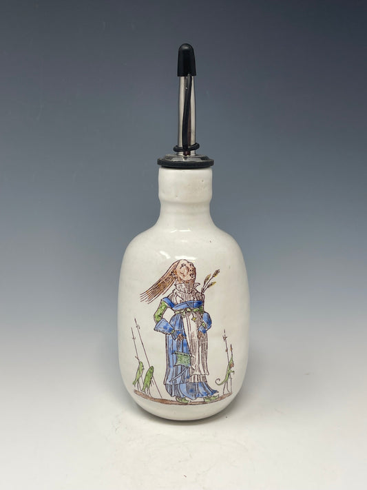 Escorted lady in blue & green oil bottle