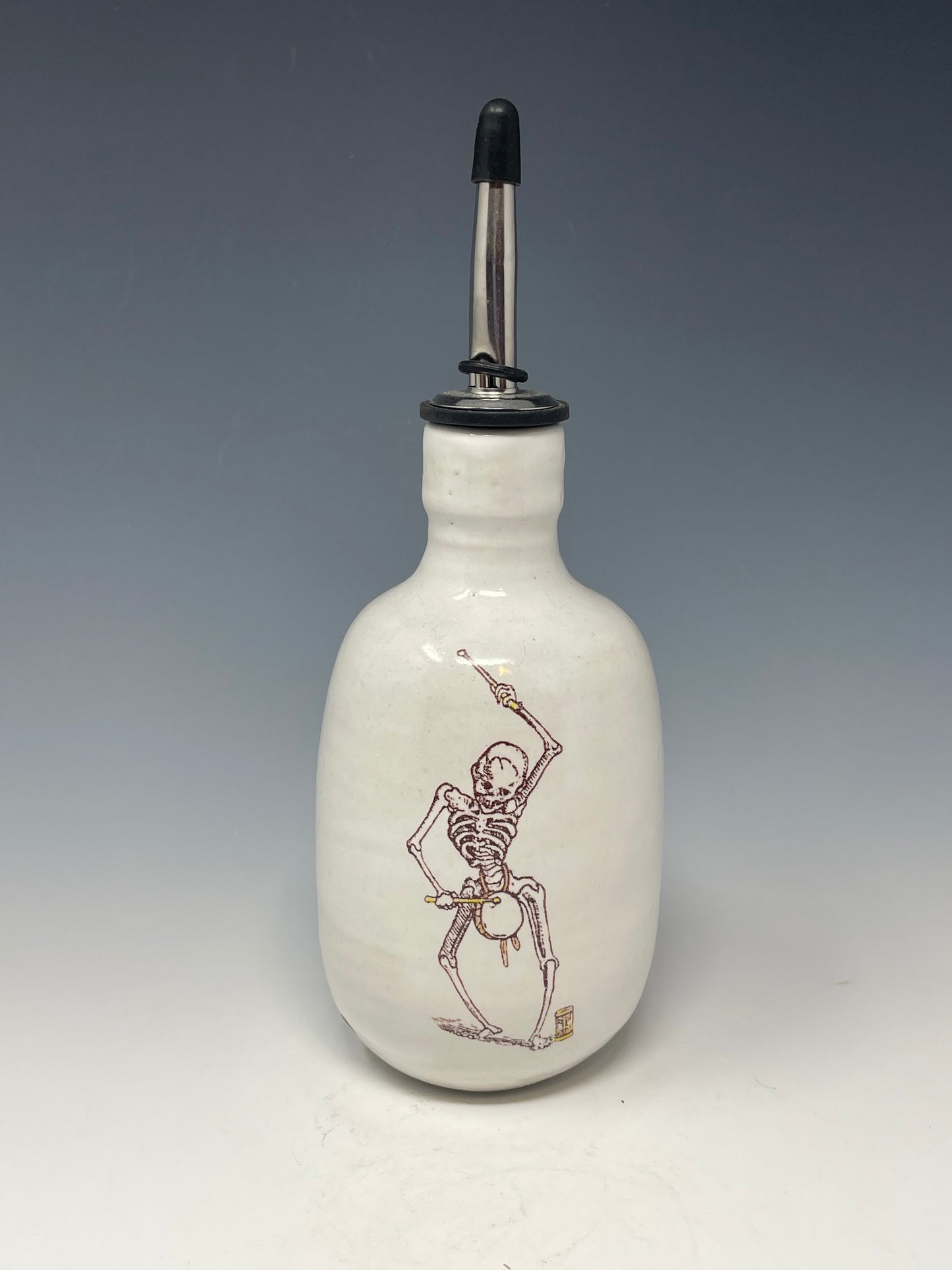 Escorted lady in blue & green oil bottle